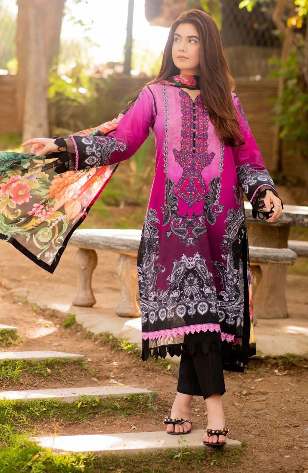 Murky | Luxury Stitched 3PC Printed Embroidered Lawn shirt with Printed Silk Dupatta