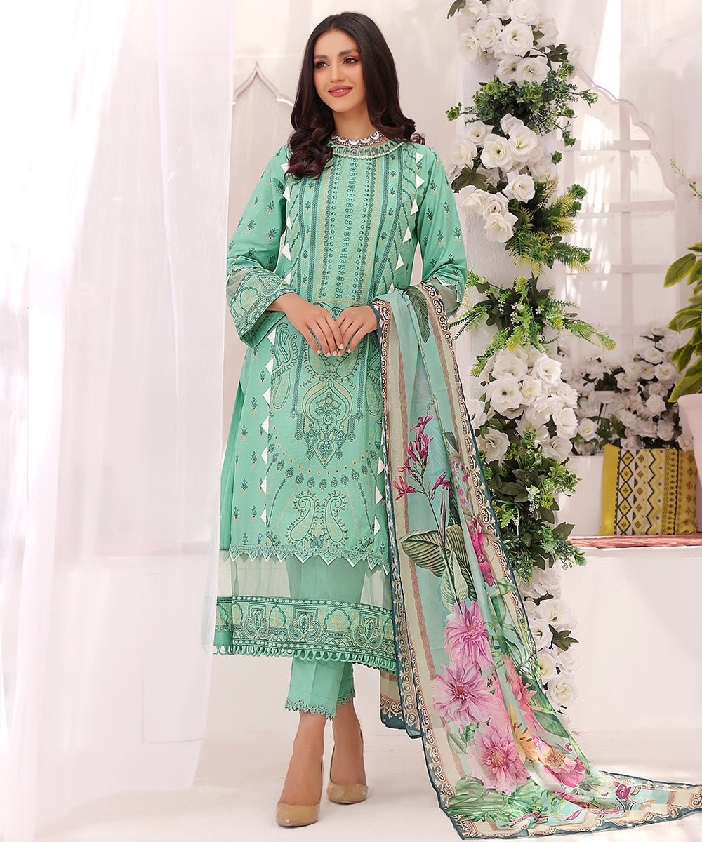 Amber | 3-PC Stitched Embroidered Cotton Suit with Printed Silk Dupatta