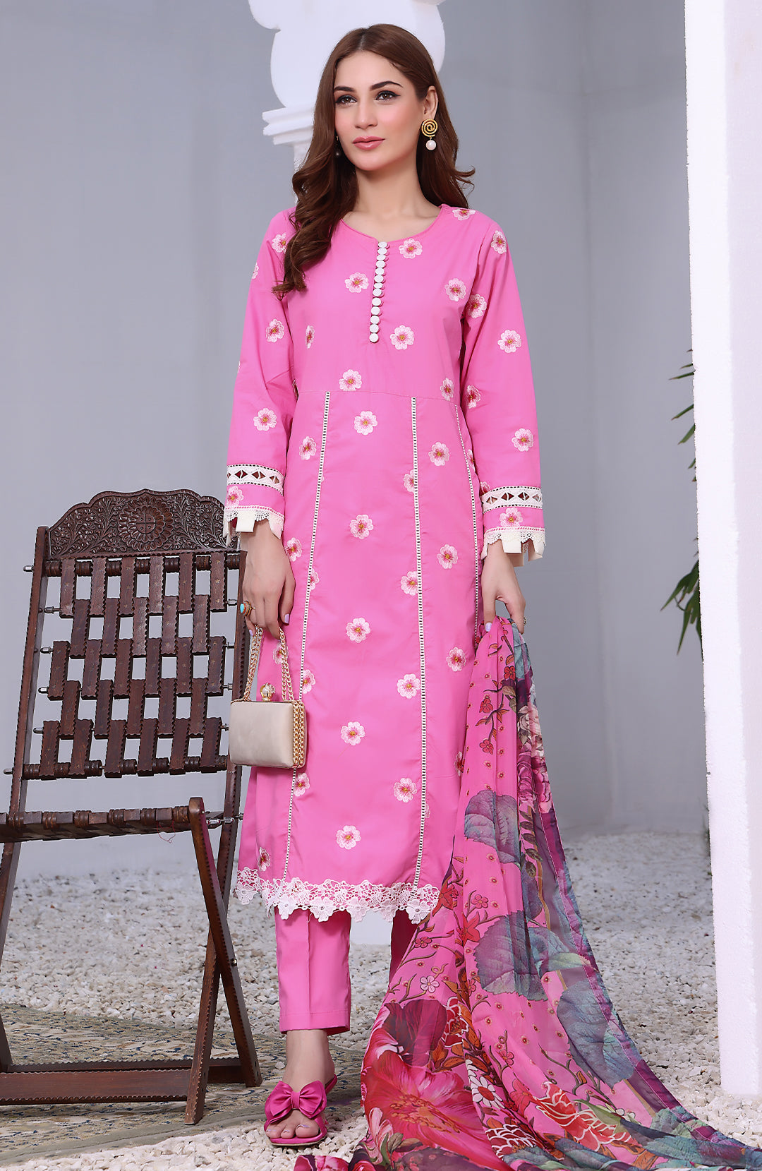 Carnation | Luxury Stitched 3PC Embroidered Dyed-Cotton Frock with Printed Silk Dupatta