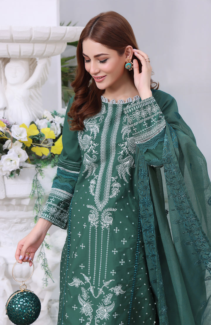 Sage | 3-PC Stitched Embroidered Cotton Suit with Khaddi-Net Dupatta