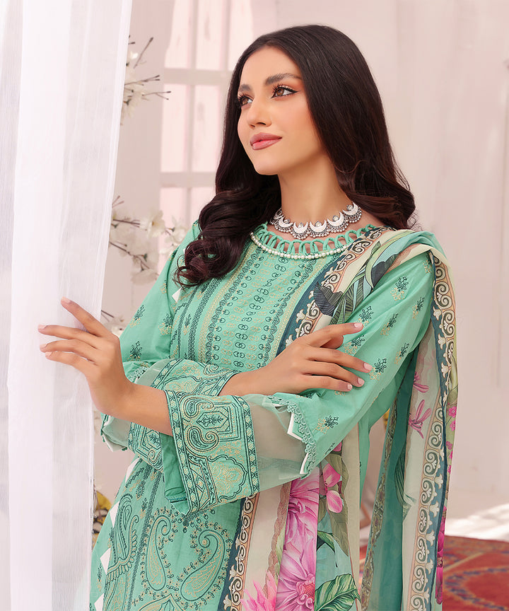 Amber | Luxury Stitched 3PC Embroidered Cotton Shirt with Printed Milky-Silk Dupatta