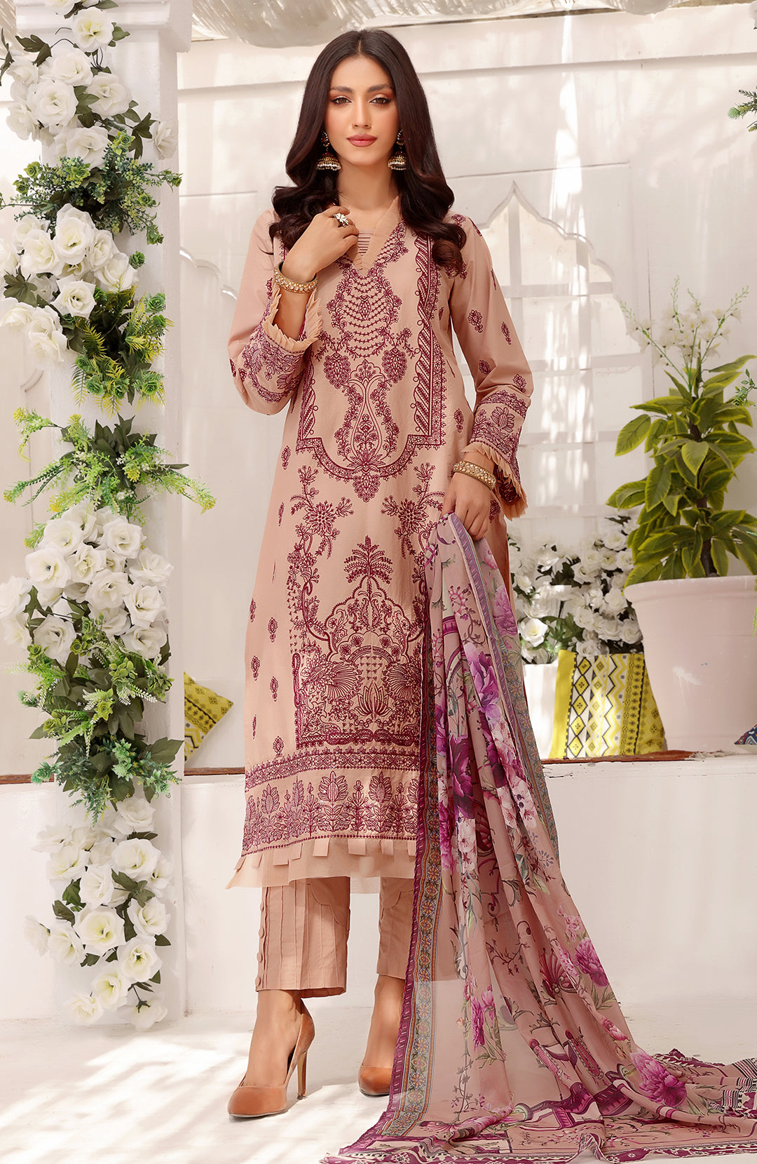 Blush | 3-PC Stitched Embroidered Cotton Suit with Printed Silk Dupatta