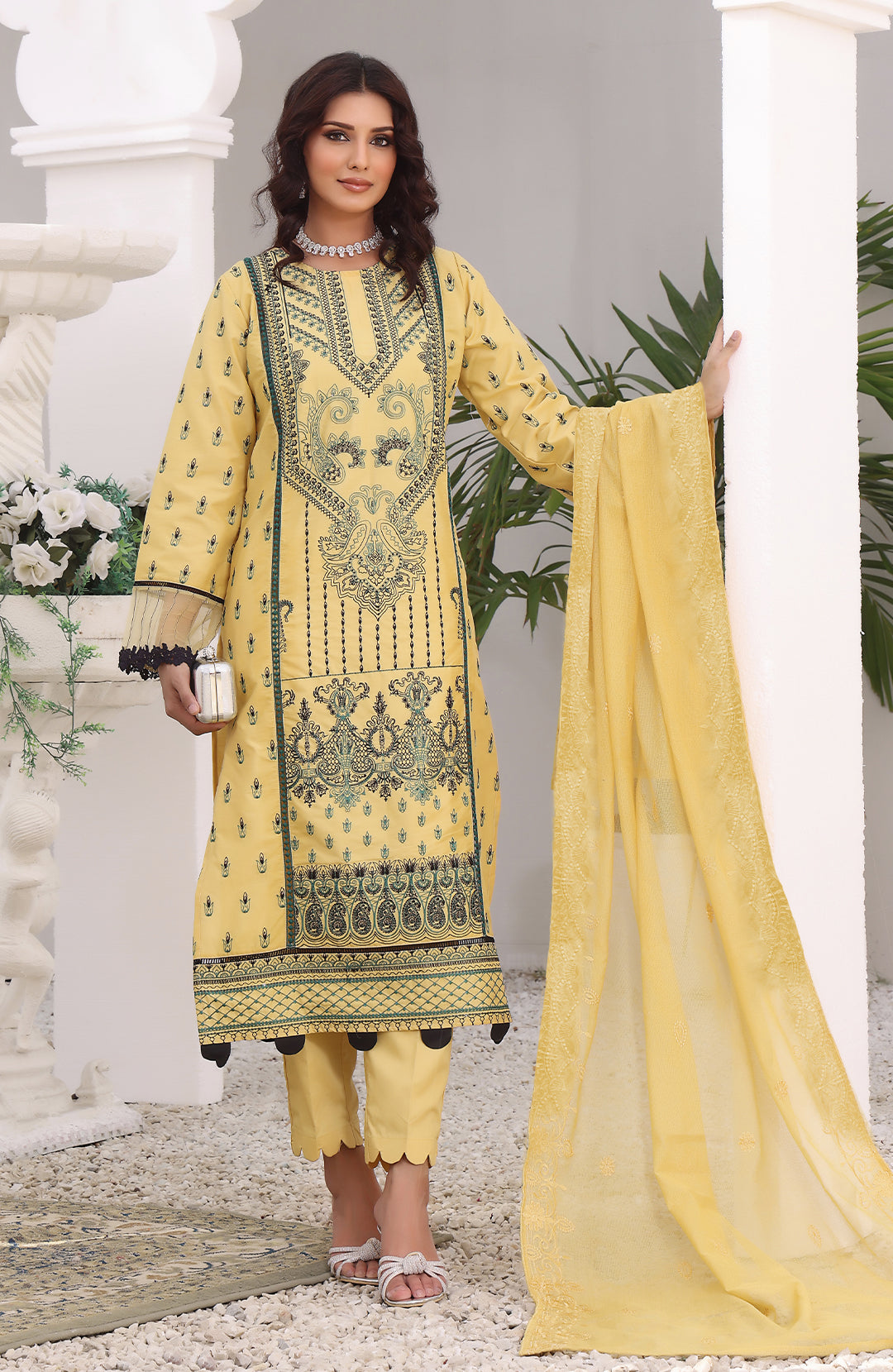 Gem | Luxury Stitched 3PC Embroidered Dyed-Cotton Shirt with Khaddi-Net Dupatta