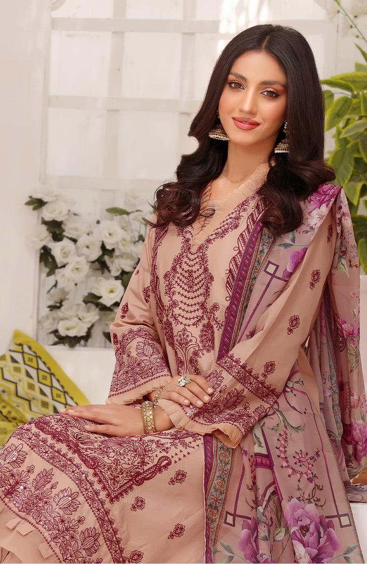 Blush | 3-PC Stitched Embroidered Cotton Suit with Printed Silk Dupatta