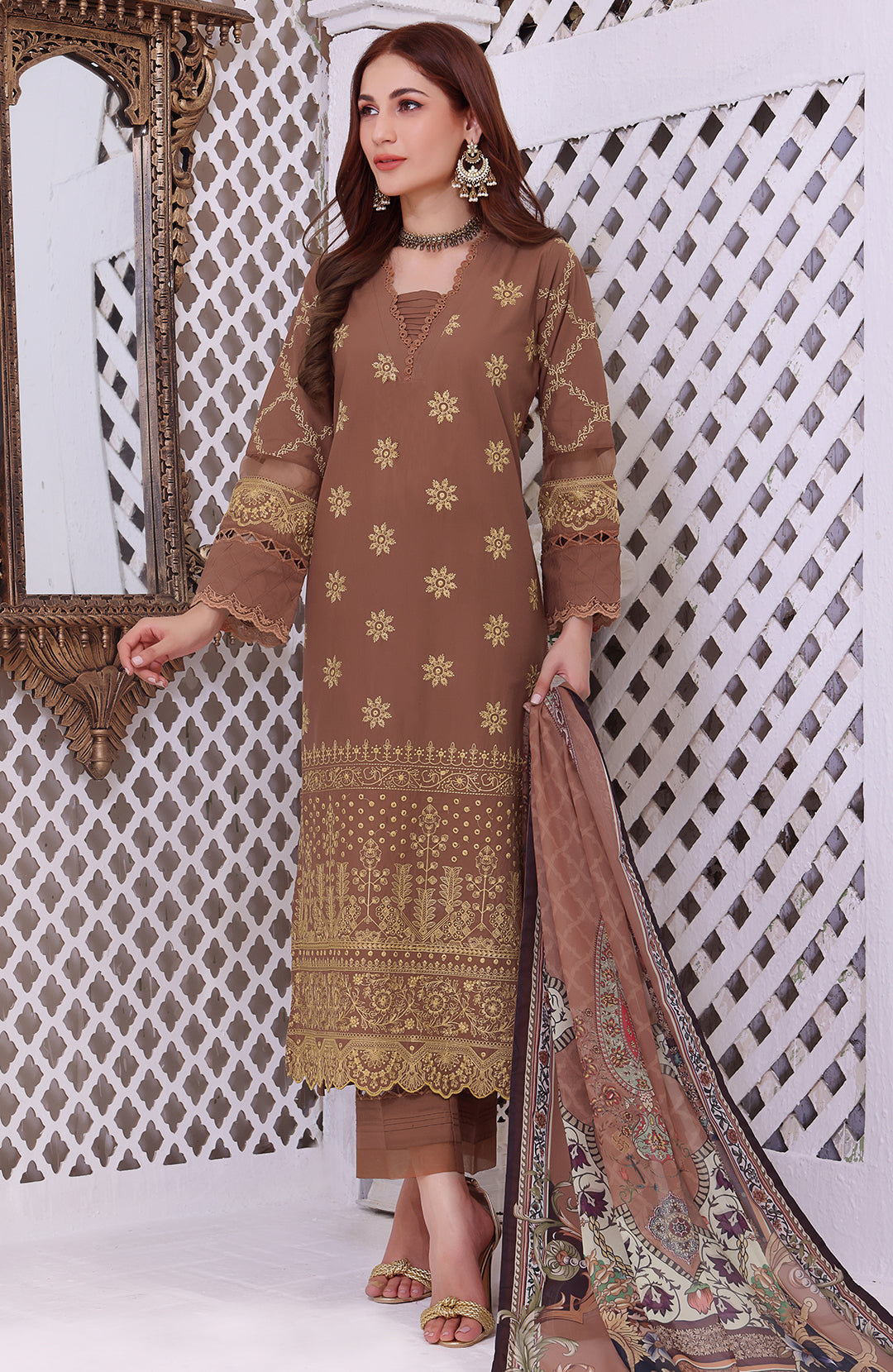 Myrtle | Luxury Stitched 3PC Embroidered Cotton Lawn Shirt with Printed Silk Dupatta