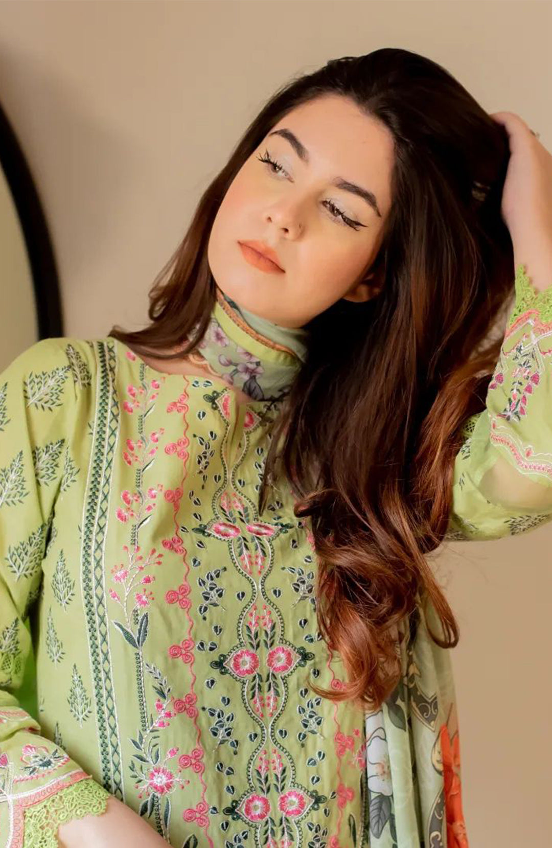 Ocherous | Luxury Stitched 3PC Embroidered Cotton Shirt with Printed Milky-Silk Dupatta