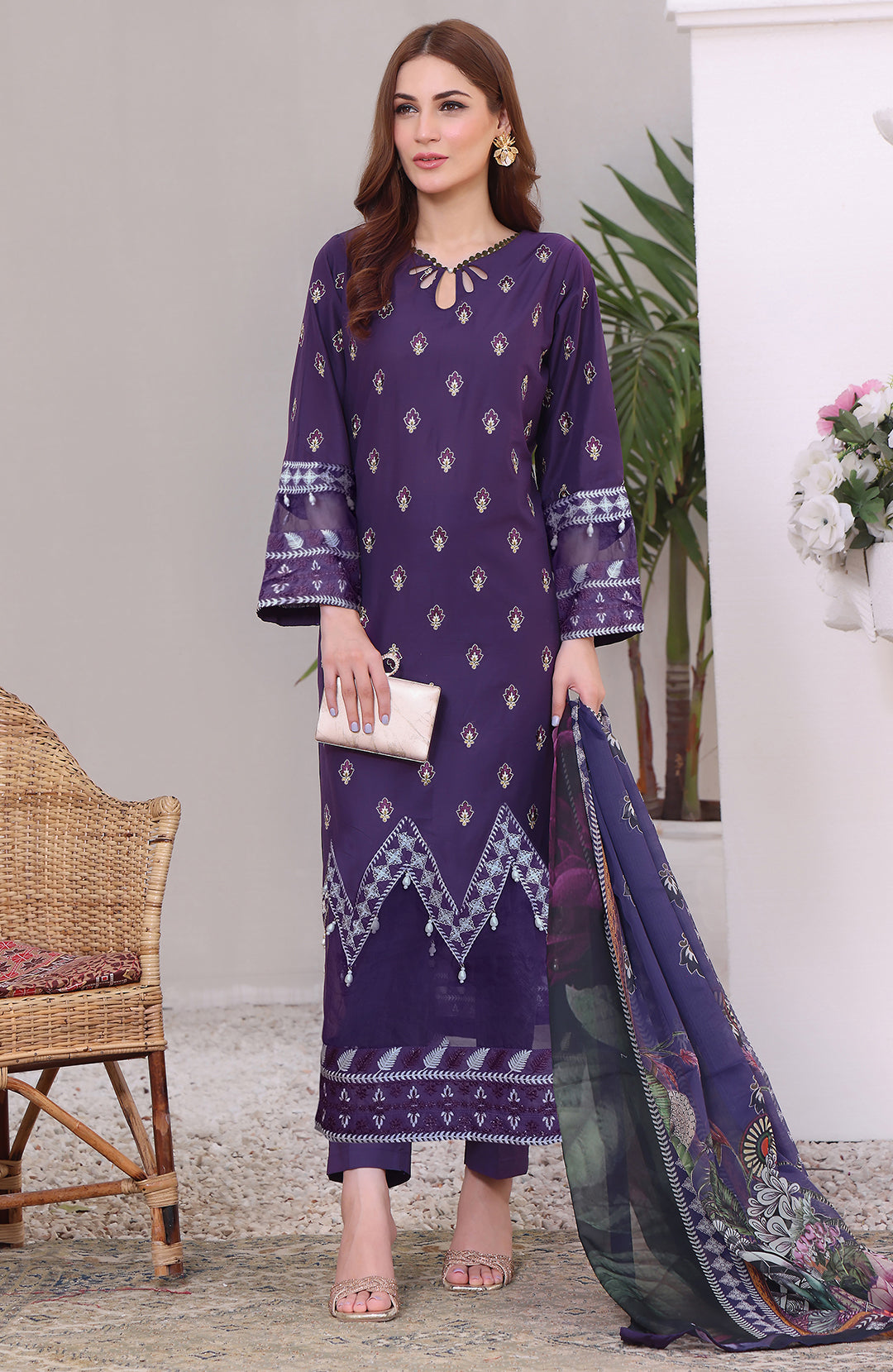 Aster | Luxury Stitched 3PC Embroidered Cotton Shirt with Printed Milky-Silk Dupatta