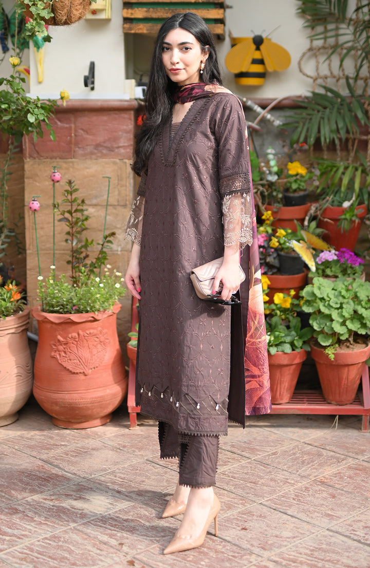Atoll | Luxury Stitched 3PC Embroidered Cotton Shirt with Printed Milky-Silk Dupatta