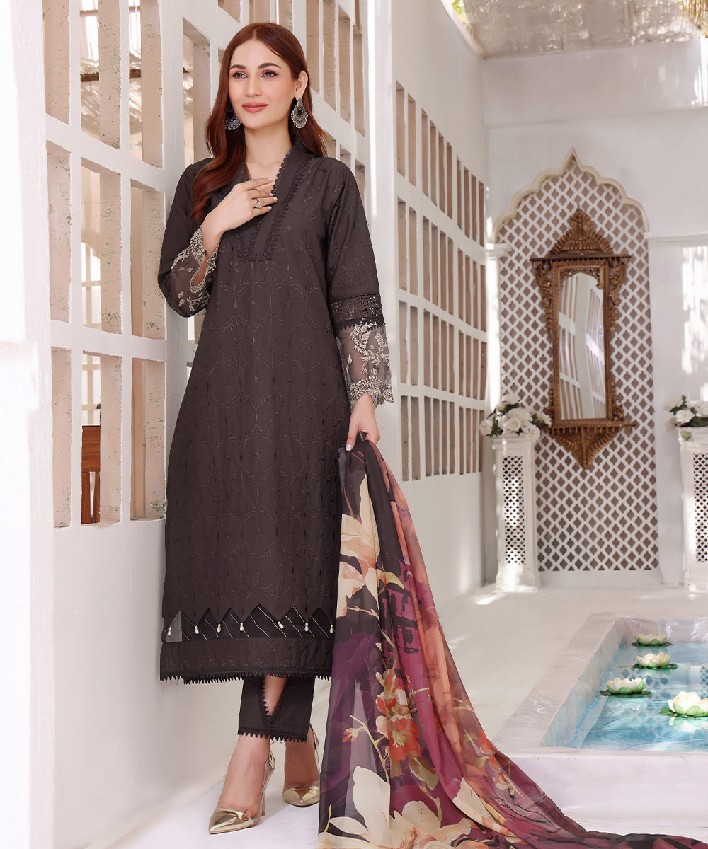 Atoll | 3-PC Stitched Embroidered Cotton Suit with Printed Silk Dupatta