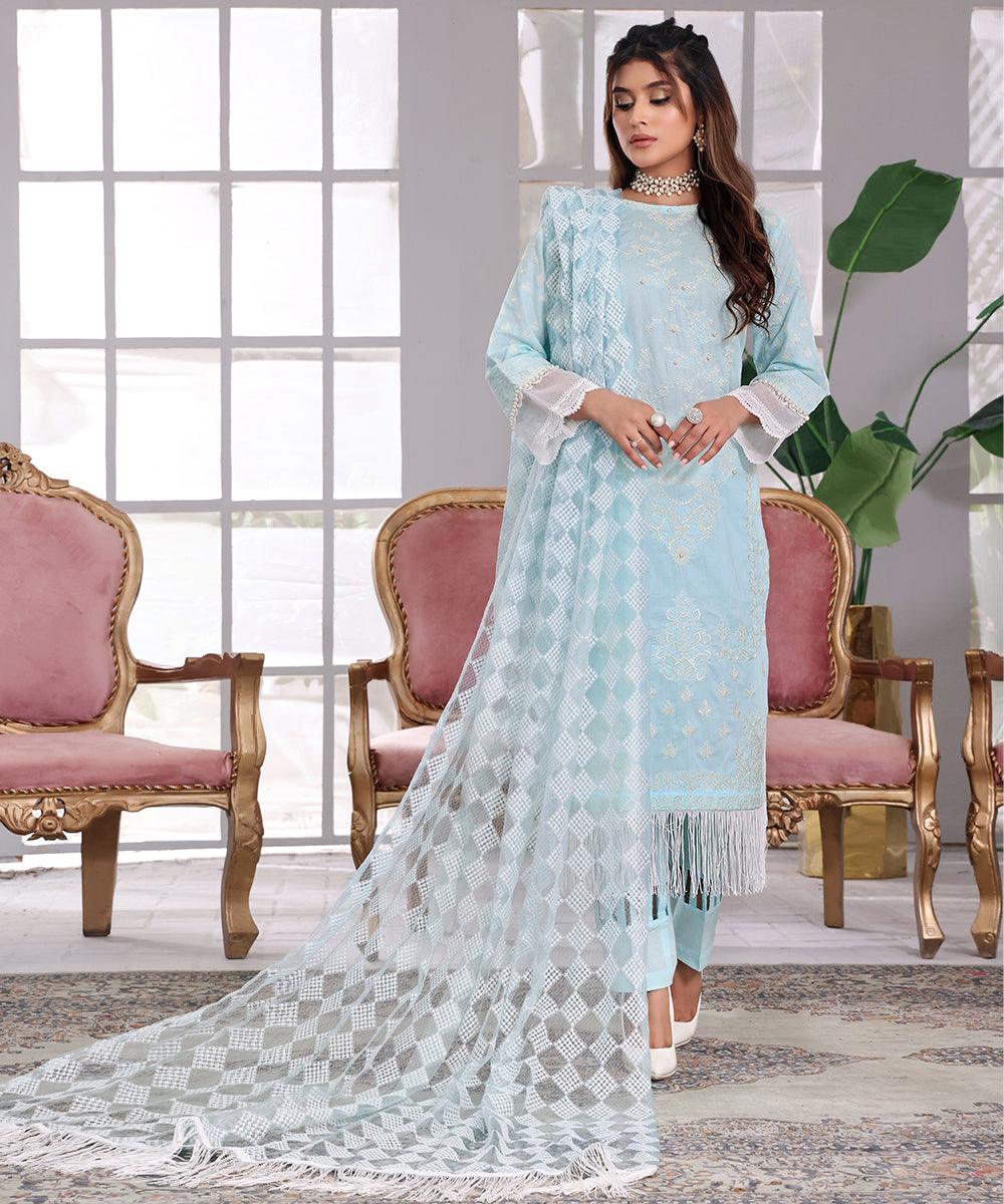Luxury Pret 3PC Embroidered Sky Blue - Fiona