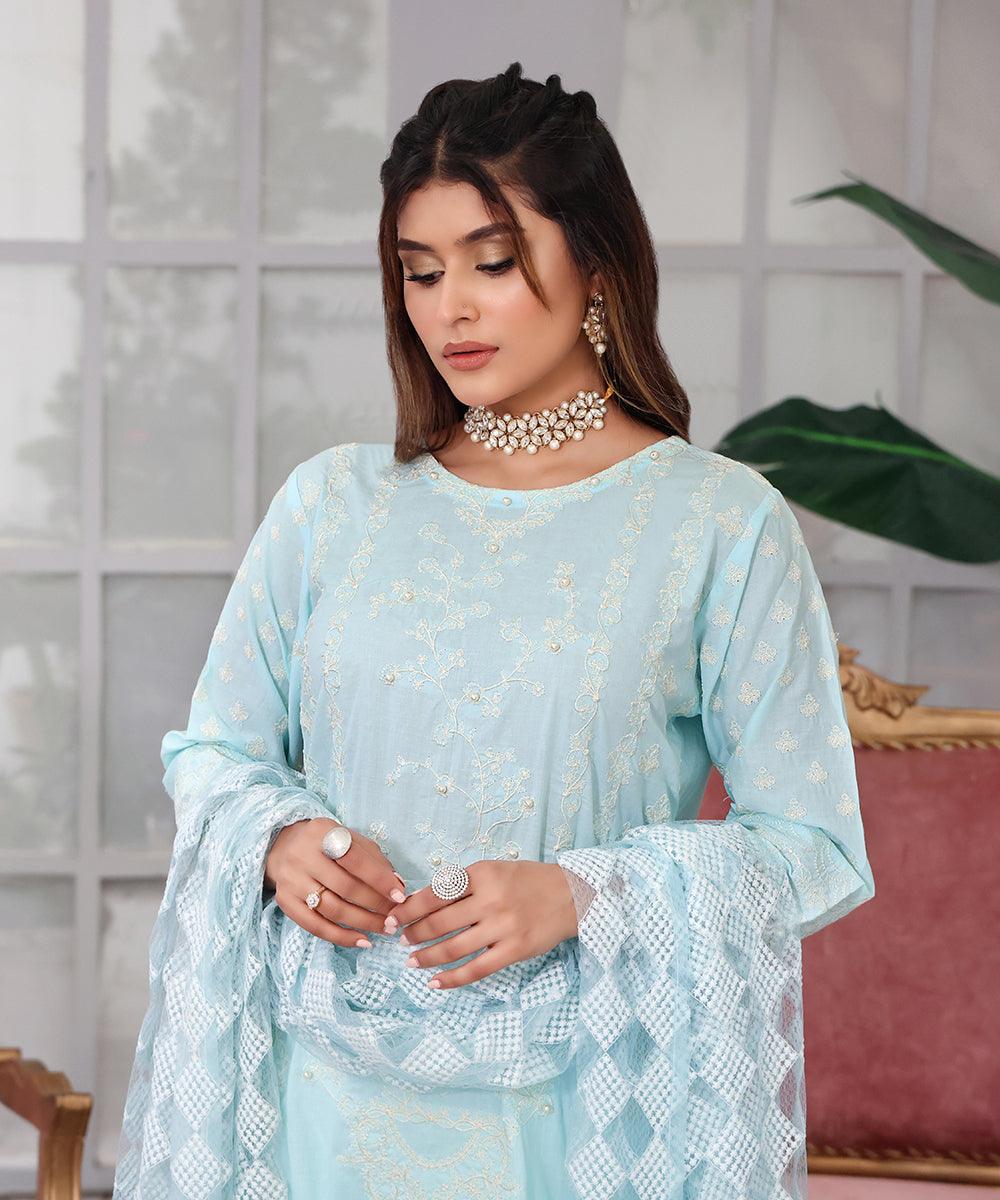 Luxury Pret 3PC Embroidered Sky Blue - Fiona